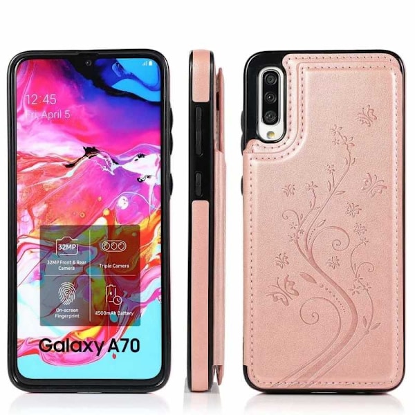 Samsung A70 Stöttåligt Skal Korthållare 3-FACK Flippr V2 - Rosenguld Rosa guld