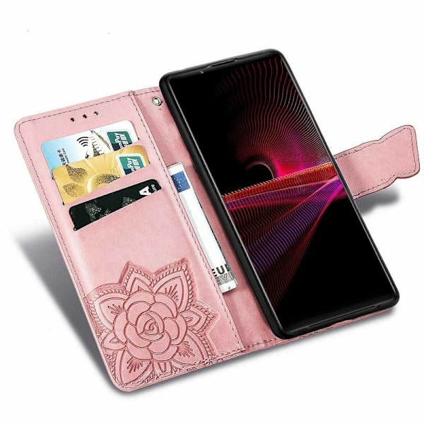 Xperia 1 III Plånboksfodral PU-Läder 4-FACK Motiv Fjäril Rosa guld