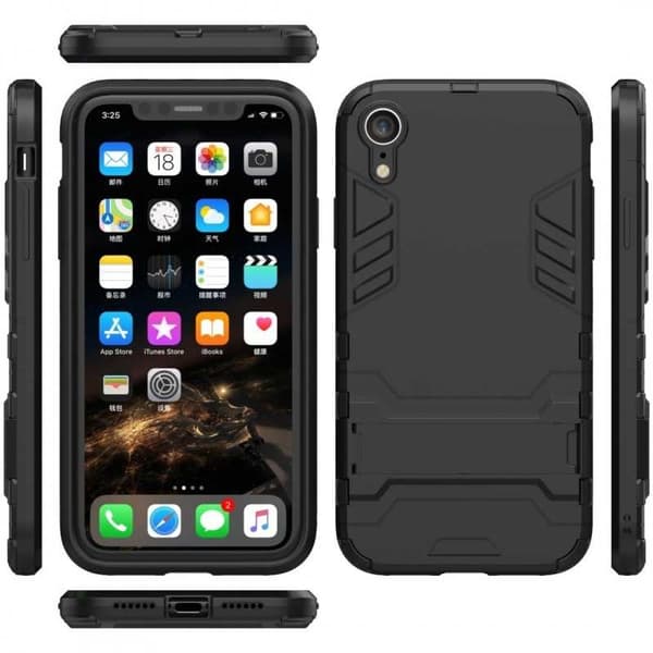 iPhone XR iskunkestävä kotelo jalustalla ThinArmor Black