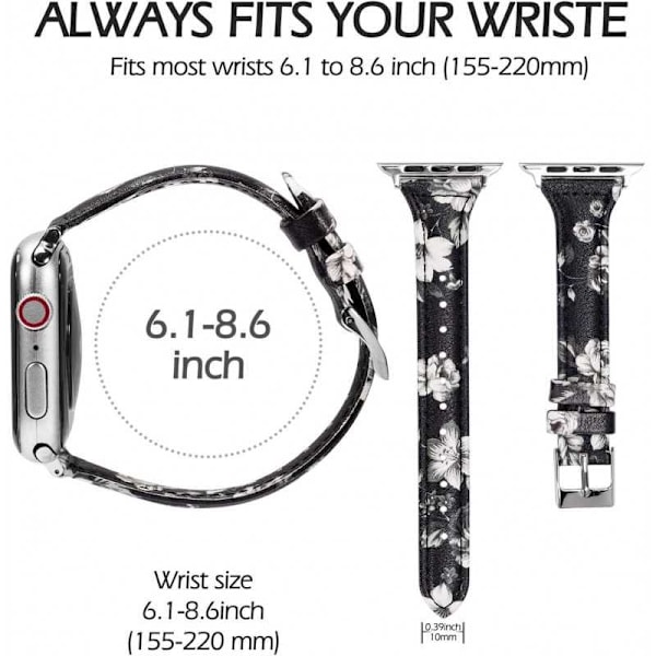 Apple Watch 38/40/41mm Stilrent Läderarmband Mercy - Svart/Vit Blomma