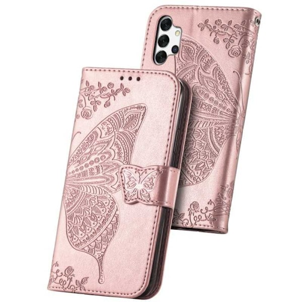 Samsung A32 5G Pung-etui PU-læder 4-LOMMES sommerfuglemotiv Pink gold