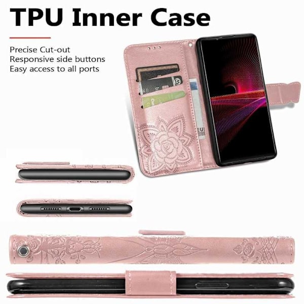 Xperia 1 III Plånboksfodral PU-Läder 4-FACK Motiv Fjäril Rosa guld