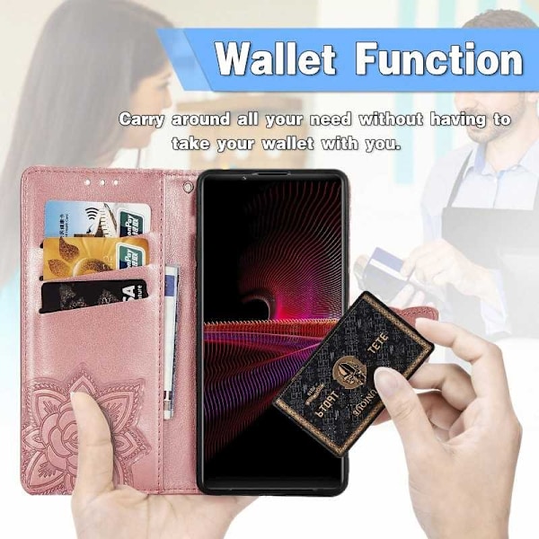 Xperia 1 III -lompakkokotelo PU-nahkainen 4-POCKET Motif Butterfly Pink gold