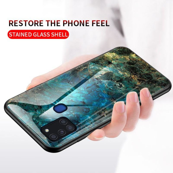 Samsung A21s Marble Cover 9H hærdet glas bagside glas bagside V2 Black Svart/Guld