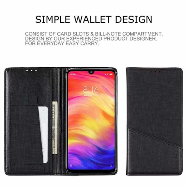 Xiaomi Redmi Note 7 Elegant sag i PU -læder med RFID -blok Black