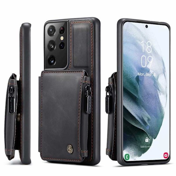 Samsung S21 Ultra Cover Kortholder & Lynlås 4-KOMPARTMENT CaseMe Flippr Black