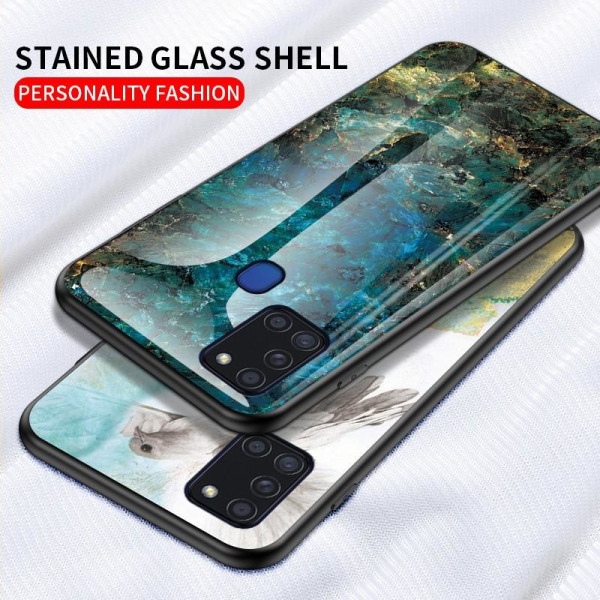 Samsung A21s Marble Shell 9H Tempered Glass Back Glassback V2 Black Svart/Guld