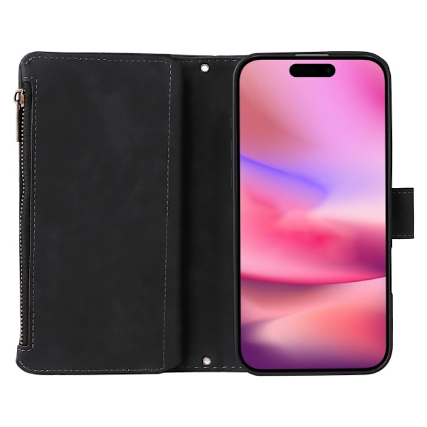 iPhone 16 Multifunktionellt Plånboksfodral Zipper 8-Fack svart
