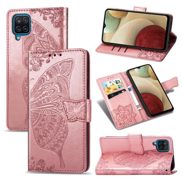 Samsung A12 lompakkokotelo PU-nahkainen 4-POCKET Motif Butterfly Pink gold