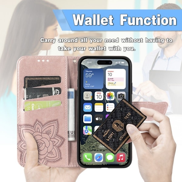 iPhone 16 Plånboksfodral PU-Läder 4-FACK Motiv Fjäril