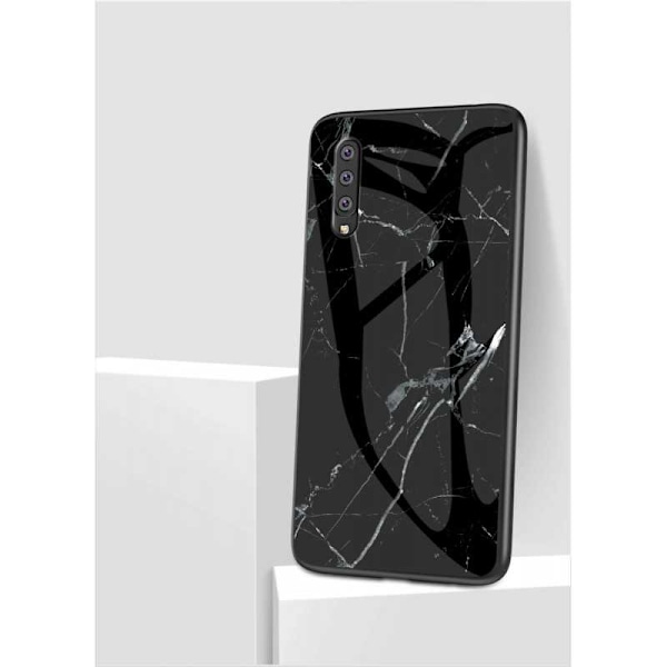 Samsung A50 Marble Shell 9H hærdet glas bagside Glassback V2 Black Svart/Vit