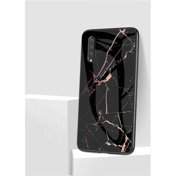 Samsung A70 Marble Shell 9H hærdet glas bagside glas bagside V2 Black Svart/Guld