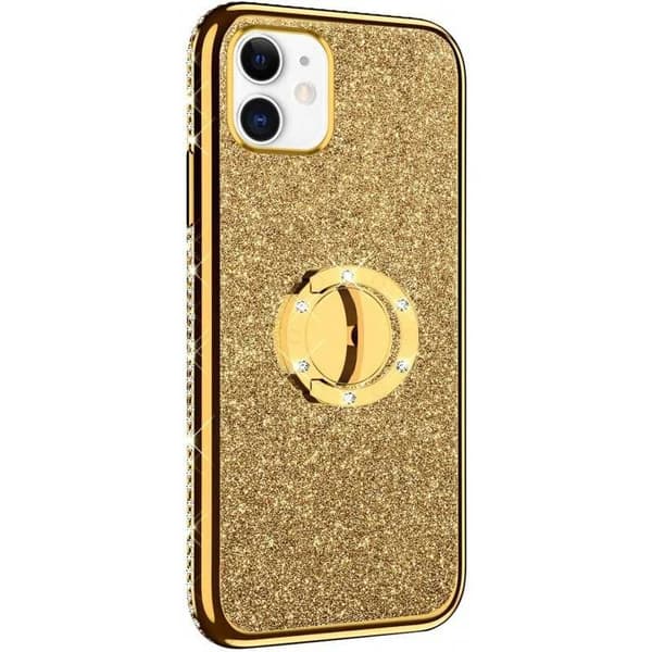 iPhone 12 Stötdämpande Skal med Ringhållare Strass Svart