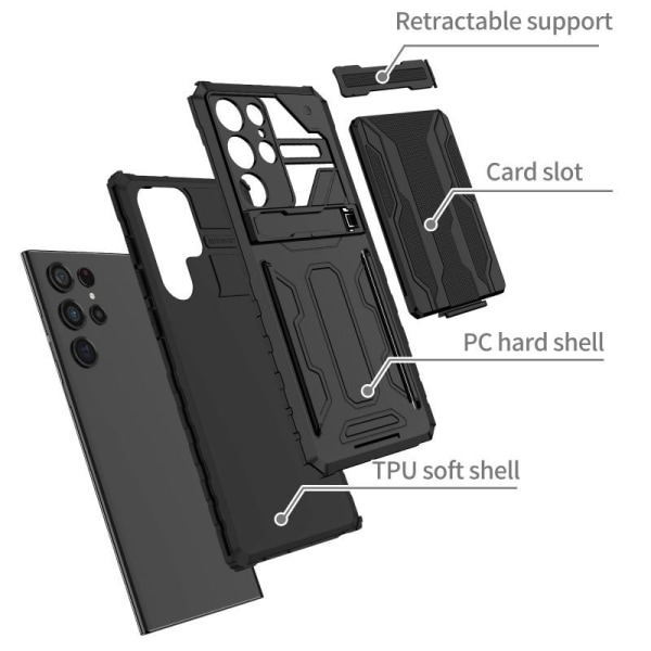 Samsung S22 Ultra Iskunkestävä Kansi Jalusta ja korttipaikka ThinArmor V3 Black