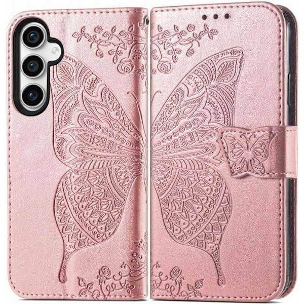 Samsung A35 5G Plånboksfodral PU-Läder 4-FACK Motiv Fjäril Rosa guld