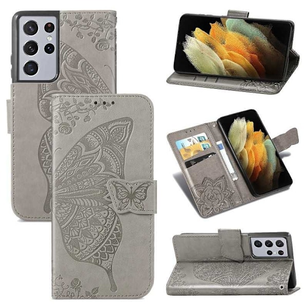 Samsung S21 Ultra Wallet Case PU Læder 4-LOMMES Motiv Sommerfugl Rosenguld