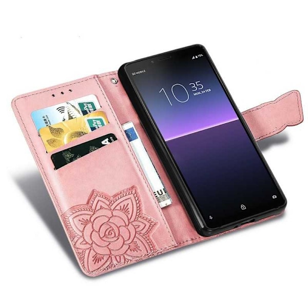 Xperia 10 II Plånboksfodral PU-Läder 4-FACK Motiv Fjäril Rosa guld