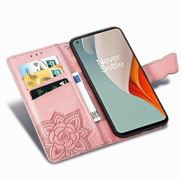 OnePlus Nord N100 Plånboksfodral PU-Läder 4-FACK Motiv Fjäril Rosa guld