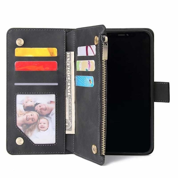 iPhone 11 Pro Max Multifunktionellt Plånboksfodral Zipper 8-Fack Svart