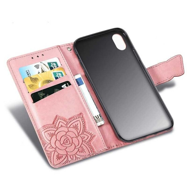 iPhone X / XS -lompakkokotelo PU-nahkainen 4-POCKET Motif Butterfly Rosenguld
