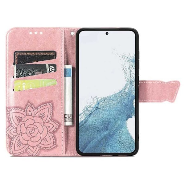 Samsung S23 Plus Plånboksfodral PU-Läder 4-FACK Motiv Fjäril Rosa guld