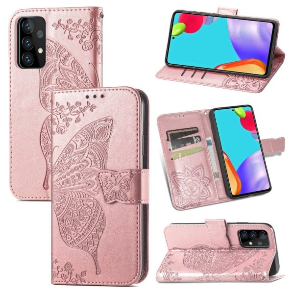 Samsung A53 5G lommebokveske PU skinn 4-LOMMER Motiv Butterfly Pink gold