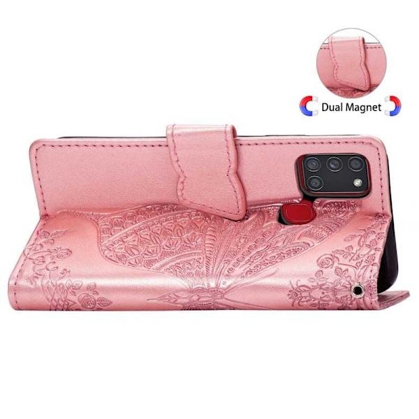 Samsung A21s Plånboksfodral PU-Läder 4-FACK Motiv Fjäril Rosa guld