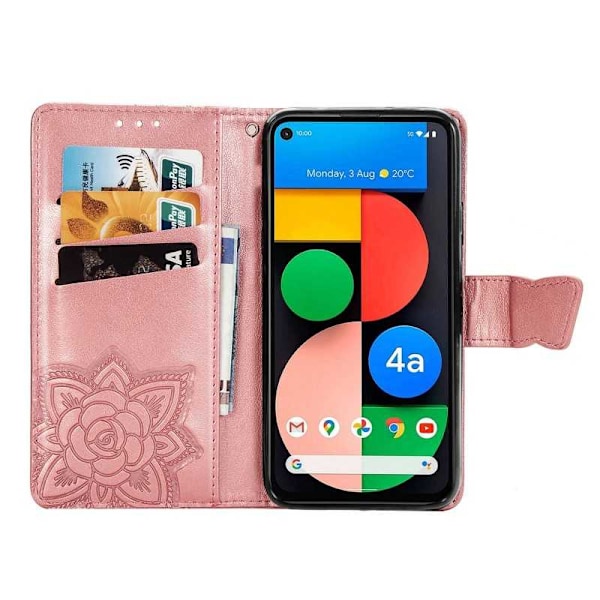Google Pixel 4a 5G Wallet Case PU Læder 4-BAG Motiv Butterfly Pink gold