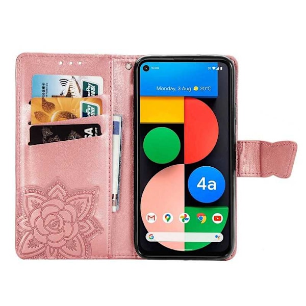 Google Pixel 4a 5G Wallet Case PU-nahkainen 4-laukku Motif Butterfly Pink gold