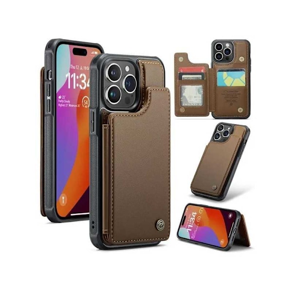 CaseMe Shockproof Cover Kortholder Stander 4-rums iPhone 15 Pro Max Brun