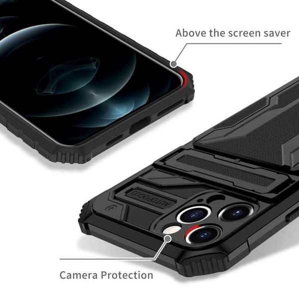 iPhone 12 Pro Max Iskunkestävä kansi Jalusta ja korttipaikka ThinArmor V3 Black
