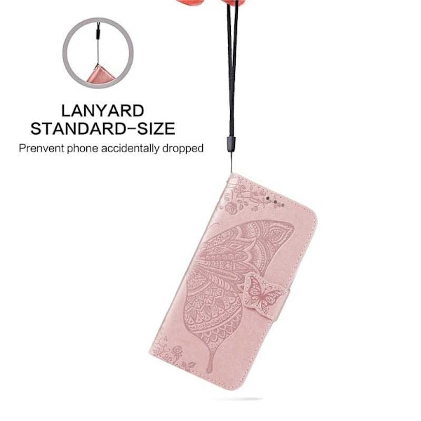 Samsung S22 Plånboksfodral PU-Läder 4-FACK Motiv Fjäril Rosenguld