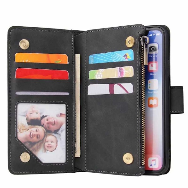 iPhone X / XS multifunktionelt pung etui Lynlås 8-rum Svart