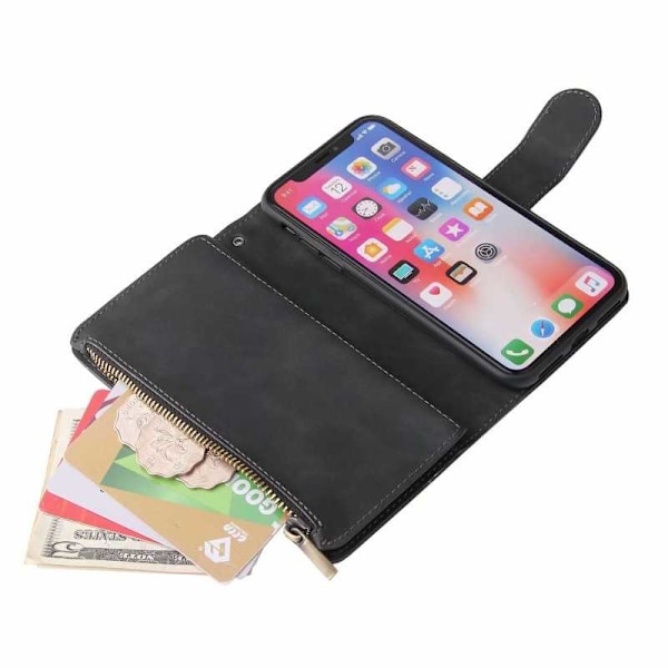 iPhone X / XS multifunktionelt pung etui Lynlås 8-rum Svart