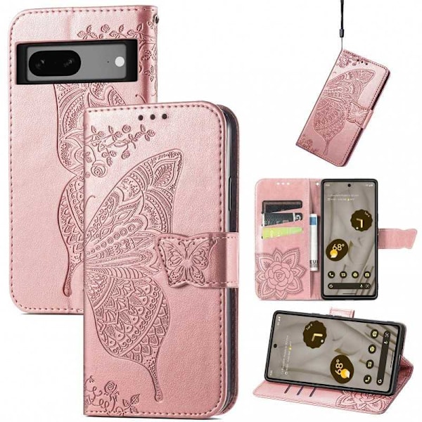 Google Pixel 8 Plånboksfodral PU-Läder 4-FACK Motiv Fjäril Rosa guld