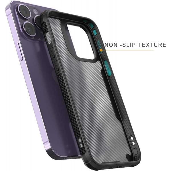 Iskunkestävä suojus läpinäkyvällä Carbon Design Legend iPhone 14 Pro Max:lla