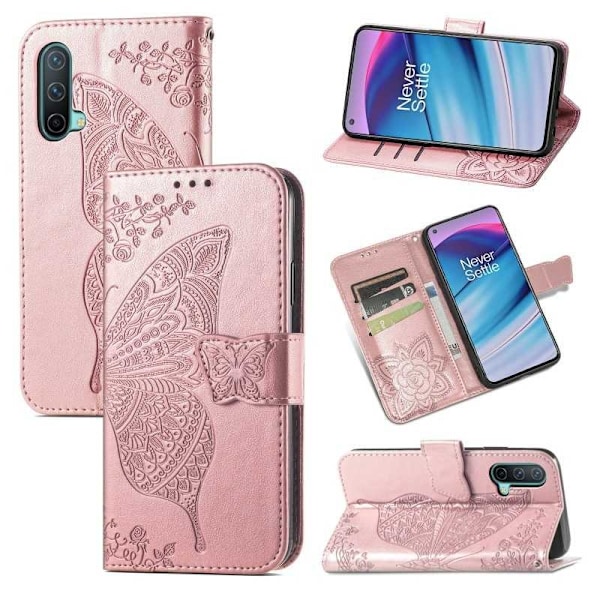 OnePlus Nord CE 5G Plånboksfodral PU-Läder 4-FACK Motiv Fjäril Rosa guld