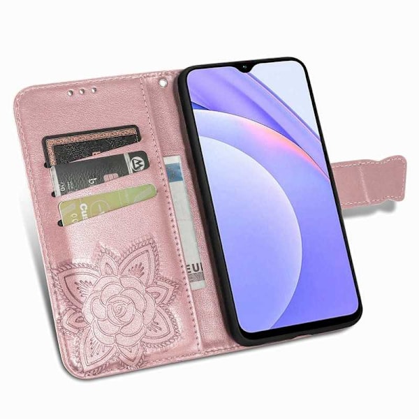 Xiaomi Redmi Note 9 Plånboksfodral PU-Läder 4-FACK Motiv Fjäril Rosa guld