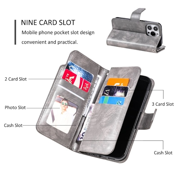iPhone 15 Pro Praktisk Plånboksfodral med 12-Fack Array V4 - Grå