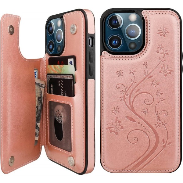 iPhone 14 Pro Shockproof Cover Card Holder 3-SLOT Flippr V2 Pink gold