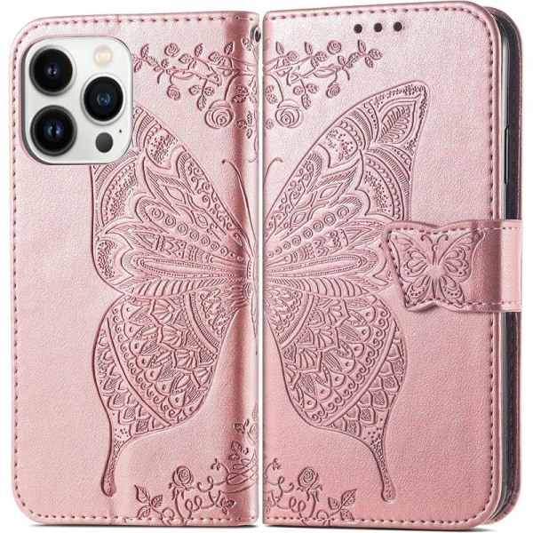 iPhone 14 Pro lommebokveske PU skinn 4-LOMMER Motiv Butterfly Pink gold