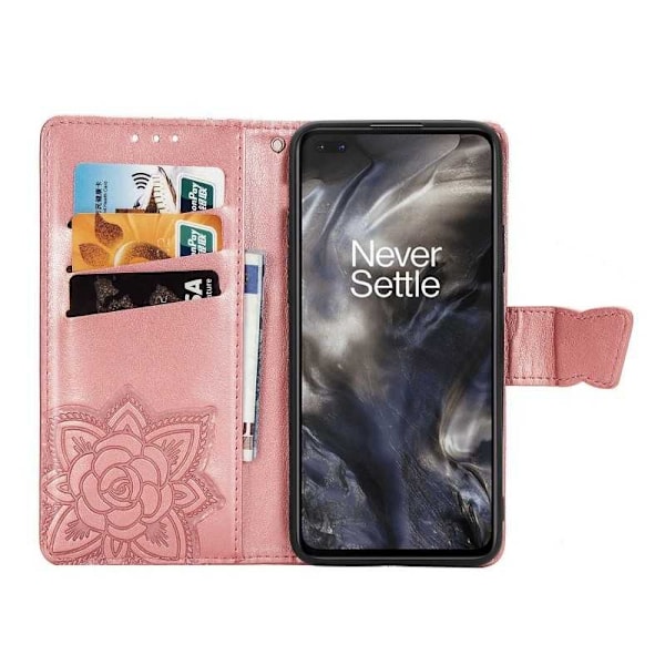 OnePlus Nord Plånboksfodral PU-Läder 4-FACK Motiv Fjäril Rosa guld