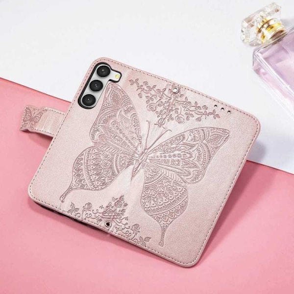 Samsung S23 Plånboksfodral PU-Läder 4-FACK Motiv Fjäril Rosa guld