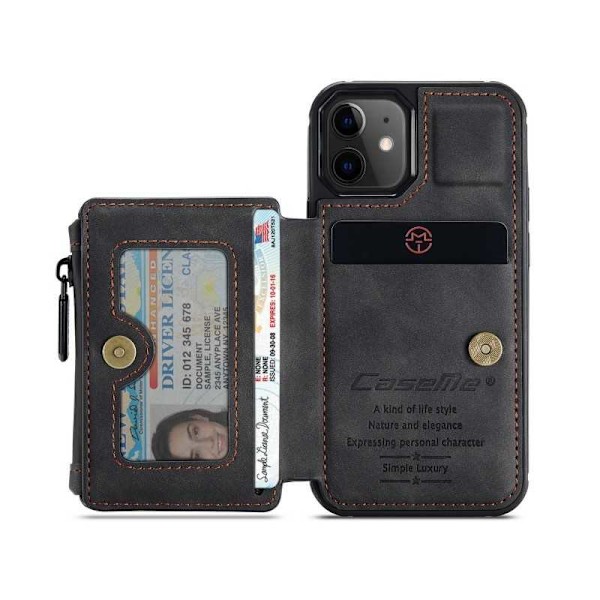 iPhone 12 -kotelon korttipidike ja vetoketju 4-POCKET CaseMe Flippr Black