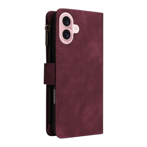 iPhone 16 Multifunktionellt Plånboksfodral Zipper 8-Fack Vinröd