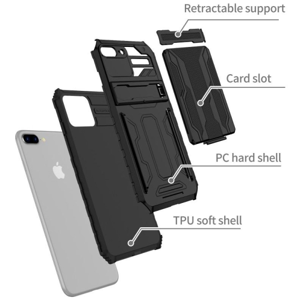 iPhone 7 Plus / 8 Plus Shockproof Shell Kickstand & Card Compart Black