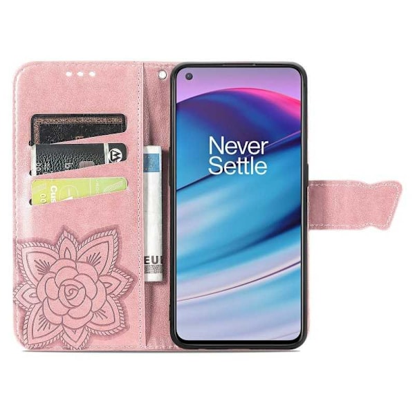 OnePlus Nord CE 5G Plånboksfodral PU-Läder 4-FACK Motiv Fjäril Rosa guld