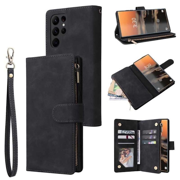 Samsung S23 Ultra Multifunktionellt Plånboksfodral Zipper 8-Fack Svart