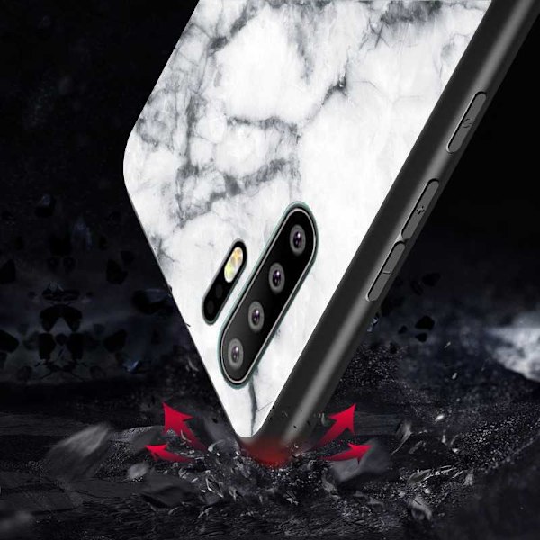 Huawei P30 Pro Marble Shell 9H karkaistu lasi tausta Glassback V2 Black Svart/Vit