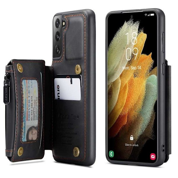 Samsung S21 Plus Skal Korthållare & Dragkedja 4-FACK CaseMe Flippr Svart